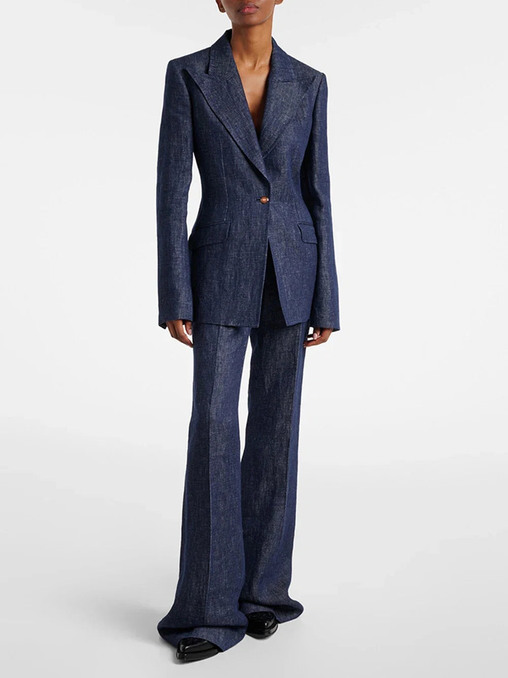 Blauer Hosenanzug mit Revers und ausgestellter Hose – Blau