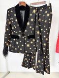 Blazer-Hosen-Set mit Sternstickerei und Federbesatz