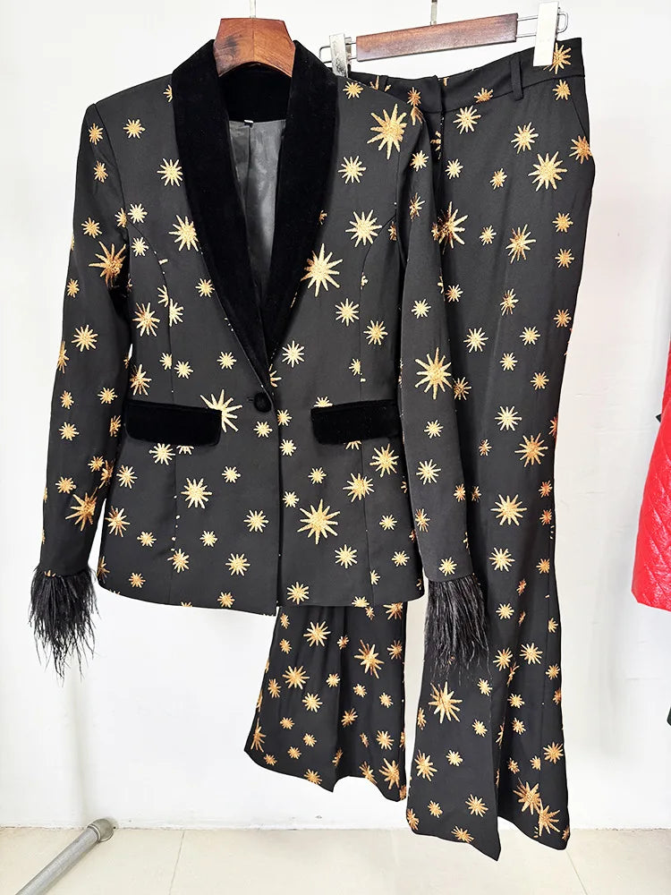 Blazer-Hosen-Set mit Sternstickerei und Federbesatz
