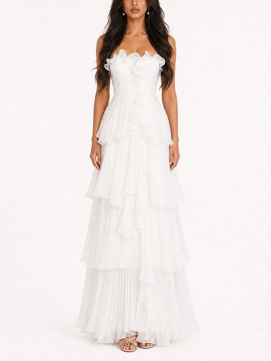 Weißes schulterfreies Maxikleid mit Rüschen und Stufenrock – Weiß