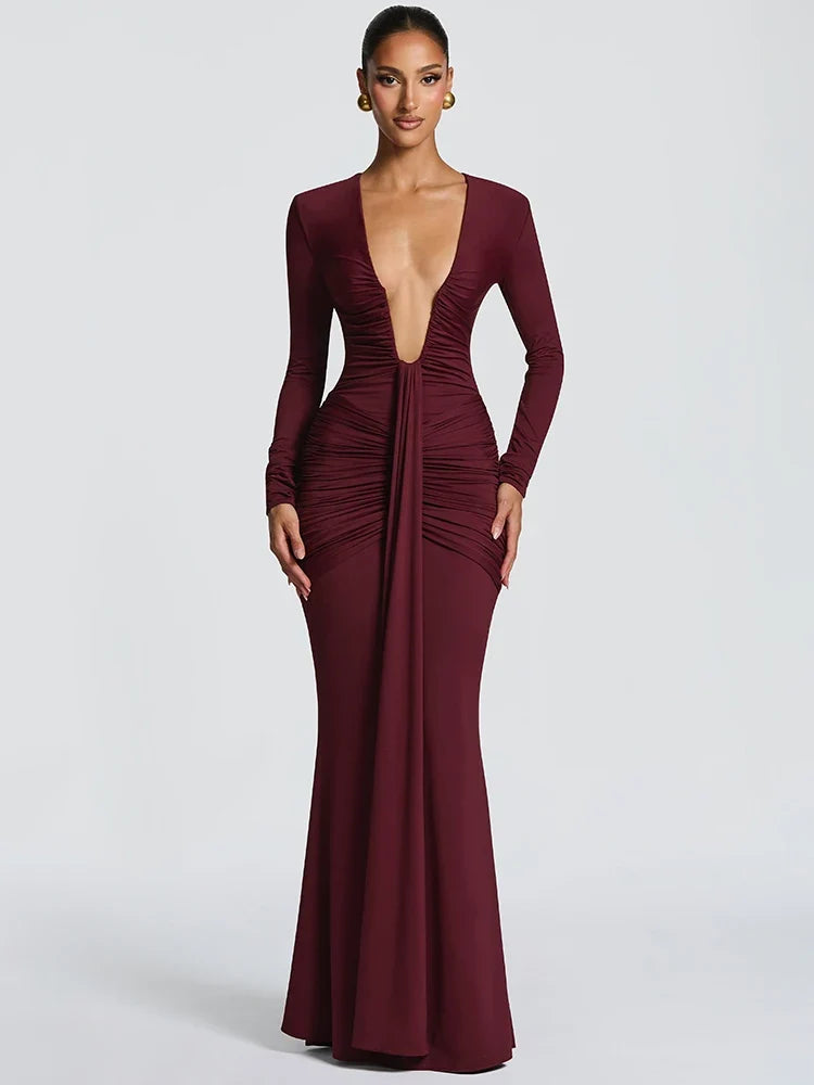 Drapiertes Bodycon-Maxikleid mit langen Ärmeln und tiefem V-Ausschnitt