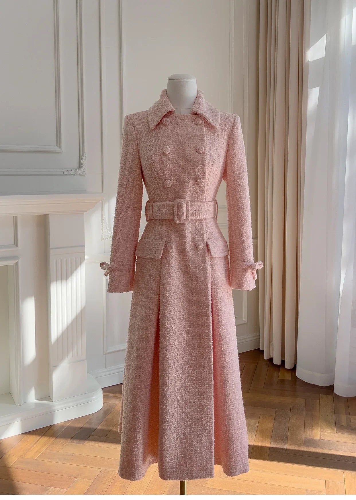Rosa zweireihiger Wollmix-Mantel mit Gürtel – Rosa