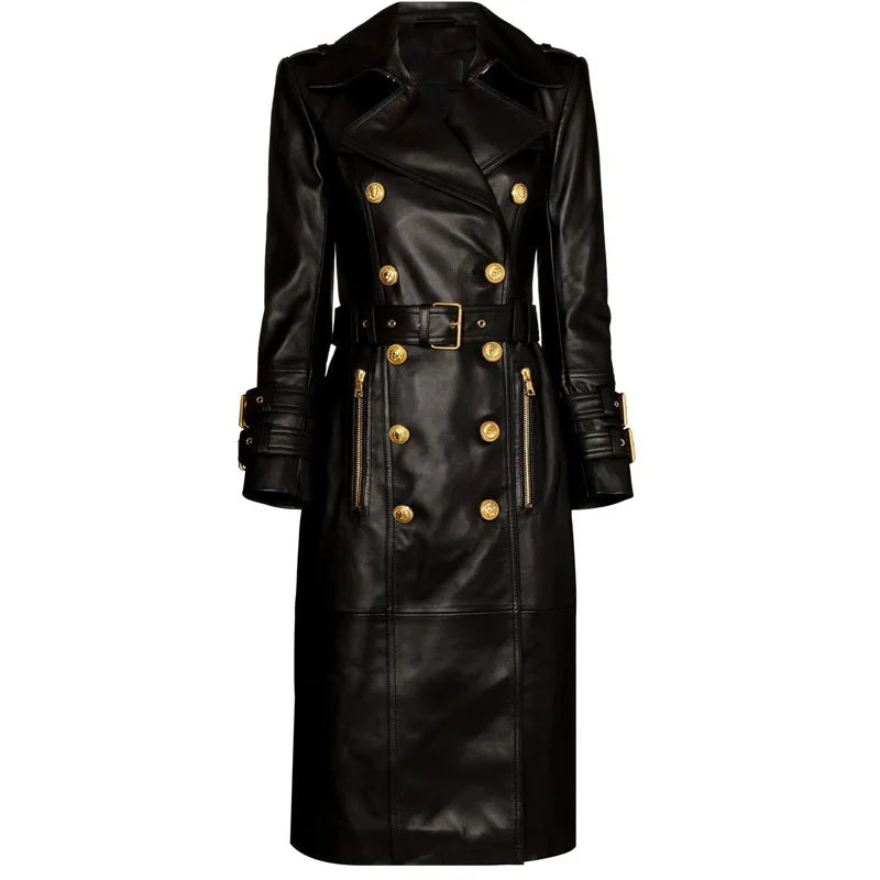 Schwarzer Kunstleder-Trenchcoat mit goldfarbenen Knöpfen
