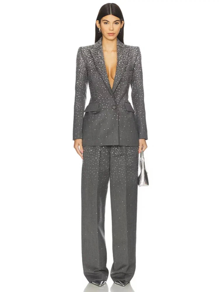 Graues Blazer-Hosen-Set mit Kristallverzierung – Grau