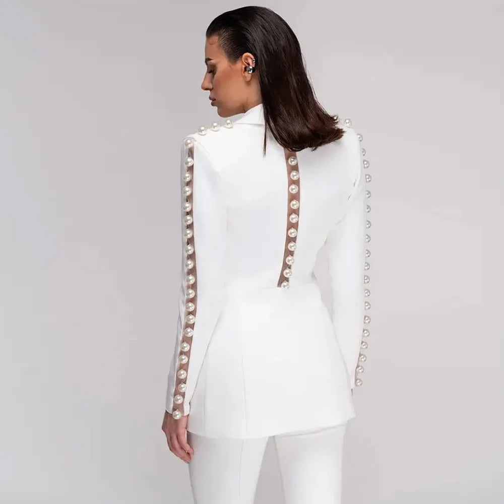 Blazer-Hosen-Set mit Perlen und Mesh-Einsätzen – Weiß