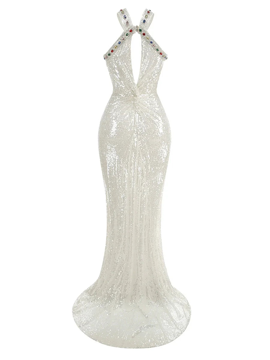 Weißes Pailletten-Maxikleid mit Neckholder und Strassdetails