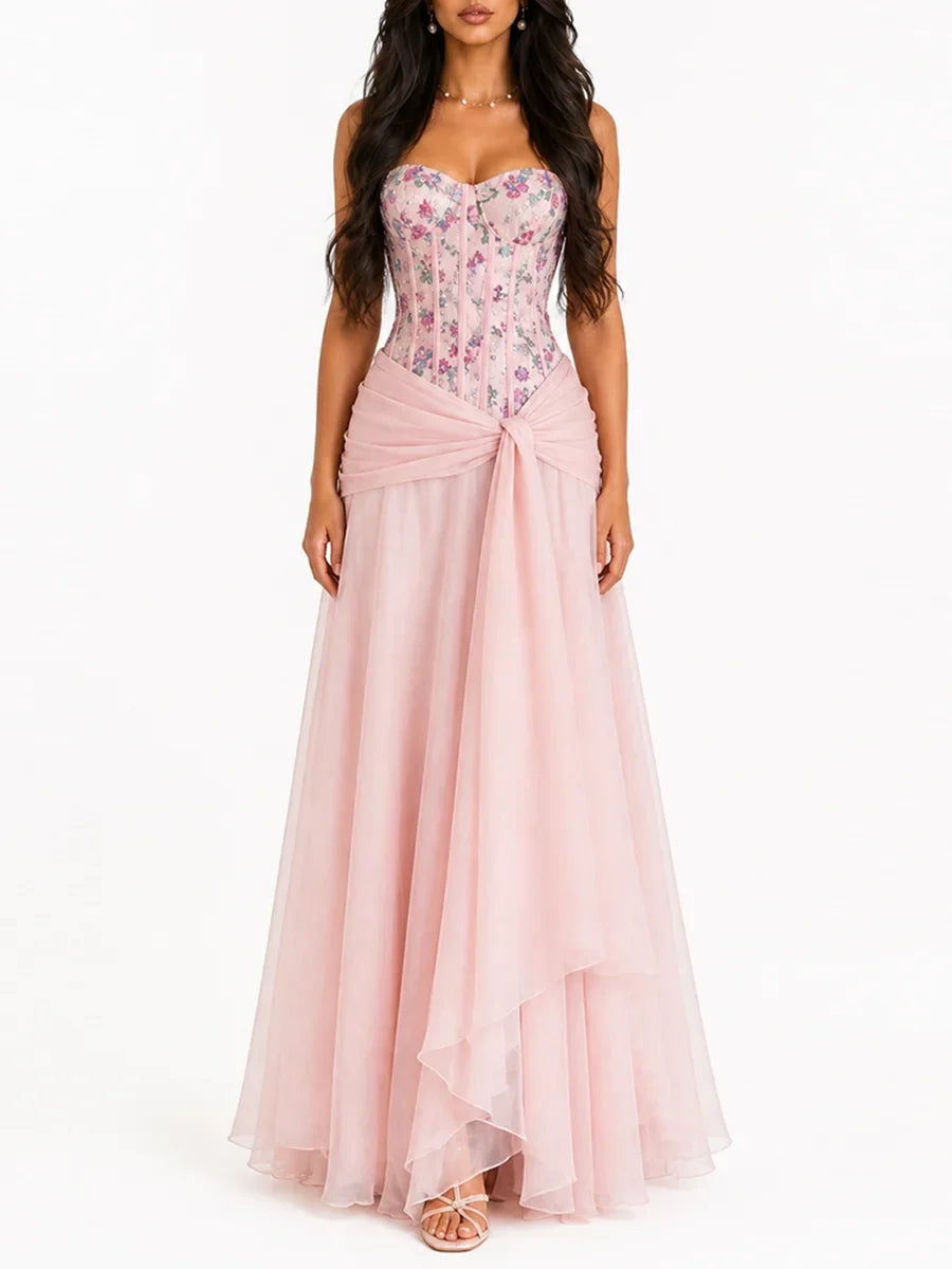 Maxikleid mit Blumen-Bustier und gestuftem Tüllrock – Rosa