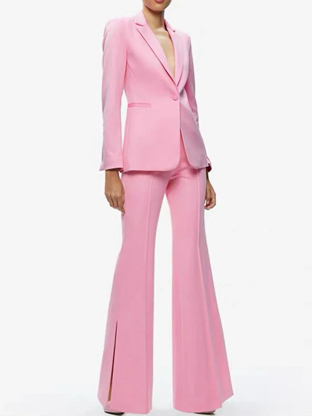 Rosa Hosenanzug mit Schlitz-Schlaghose und Ein-Knopf-Blazer – Rosa