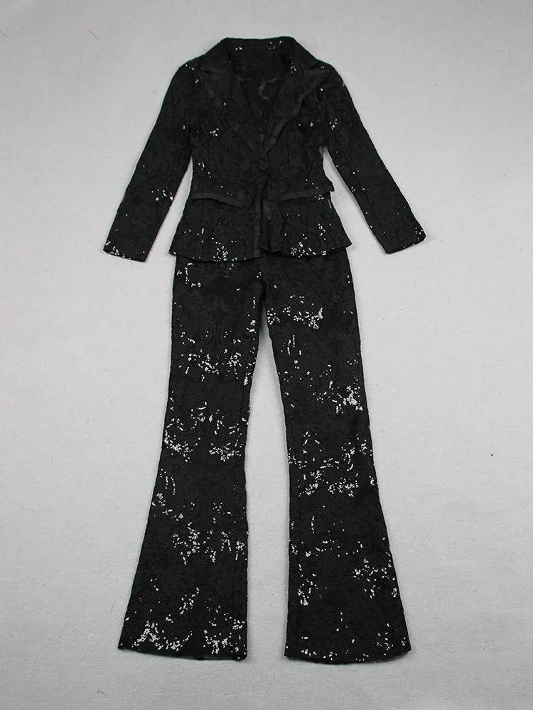Blazer-Hosen-Set mit Paillettenstickerei und Spitze