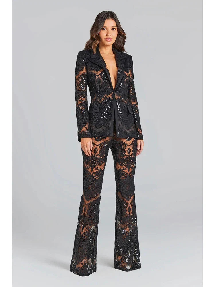 Blazer-Hosen-Set mit Paillettenstickerei und Spitze – Schwarz