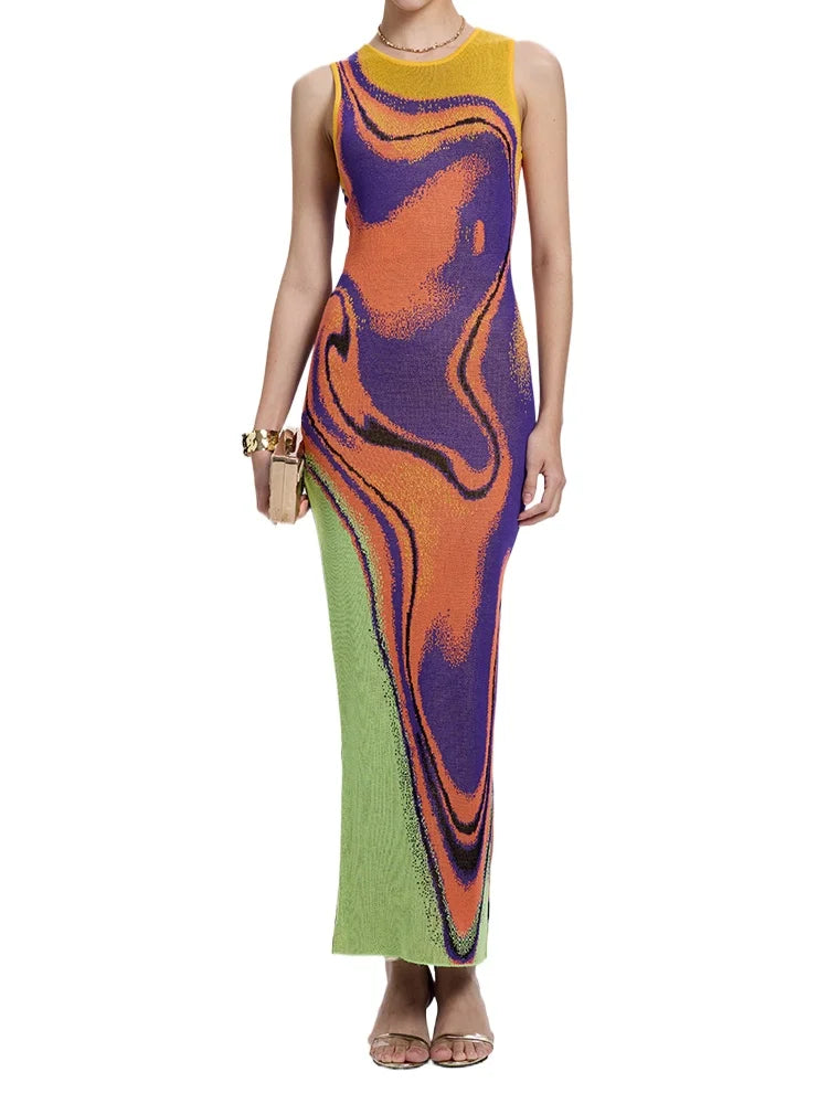Ärmelloses Maxikleid mit abstraktem Print – Mehrfarbig