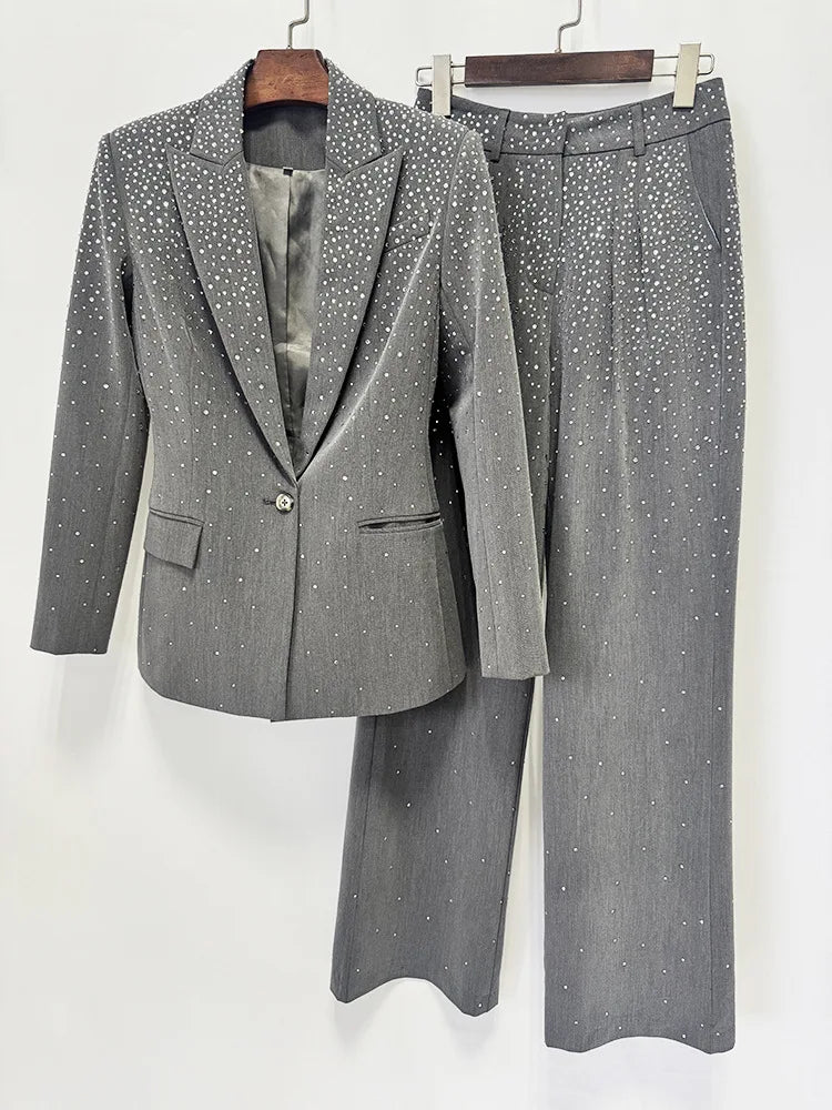 Graues Blazer-Hosen-Set mit Kristallverzierung